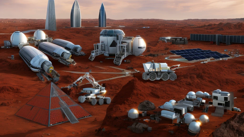 Mars base construction,There are high-rise buildings and ultra-modern houses,There are neatly arranged solar panels harnessing solar energy,There are huge 3D printers printing bricks in the form of red Lego bricks,There are transporters transporting bricks,Realistic,Don't use bells and whistles,The exterior of the house is close to the color of the soil,The proportion of changes in the original picture is small,4K