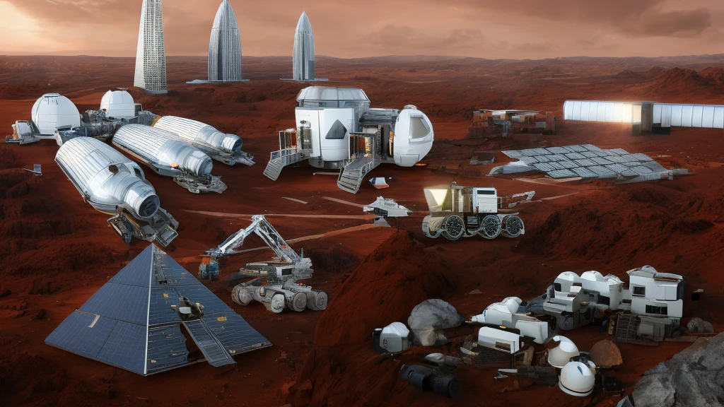 Mars base construction,There are high-rise buildings and ultra-modern houses,There are neatly arranged solar panels harnessing solar energy,There are huge 3D printers printing bricks in the form of red Lego bricks,There are transporters transporting bricks,Realistic,Don't use bells and whistles,The exterior of the house is close to the color of the soil,The proportion of changes in the original picture is small,4K