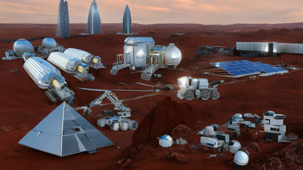 Mars base construction,There are high-rise buildings and ultra-modern houses,There are neatly arranged solar panels harnessing solar energy,There are huge 3D printers printing bricks in the form of red Lego bricks,There are transporters transporting bricks,Realistic,Don't use bells and whistles,The exterior of the house is close to the color of the soil,The proportion of changes in the original picture is small,4K