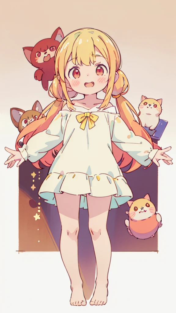 ((masterpiece))((Highest quality))girl、Laughing with your mouth open、blush、Flat Chest、Are thin、Blonde Hair、blush、Are standing、Whole body image、Eye level on face、、No background、Hair is two colors、Twin tails、Red Eyes、Two-tone red and yellow hair、Completely naked、Greeting with pussy、