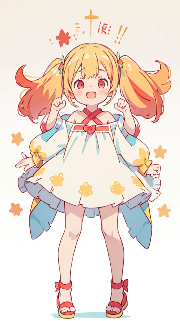 ((masterpiece))((Highest quality))girl、Laughing with your mouth open、blush、Flat Chest、Are thin、Blonde Hair、blush、Are standing、Whole body image、Eye level on face、、No background、Hair is two colors、Twin tails、Red Eyes、Two-tone red and yellow hair、Completely naked、Greeting with pussy、