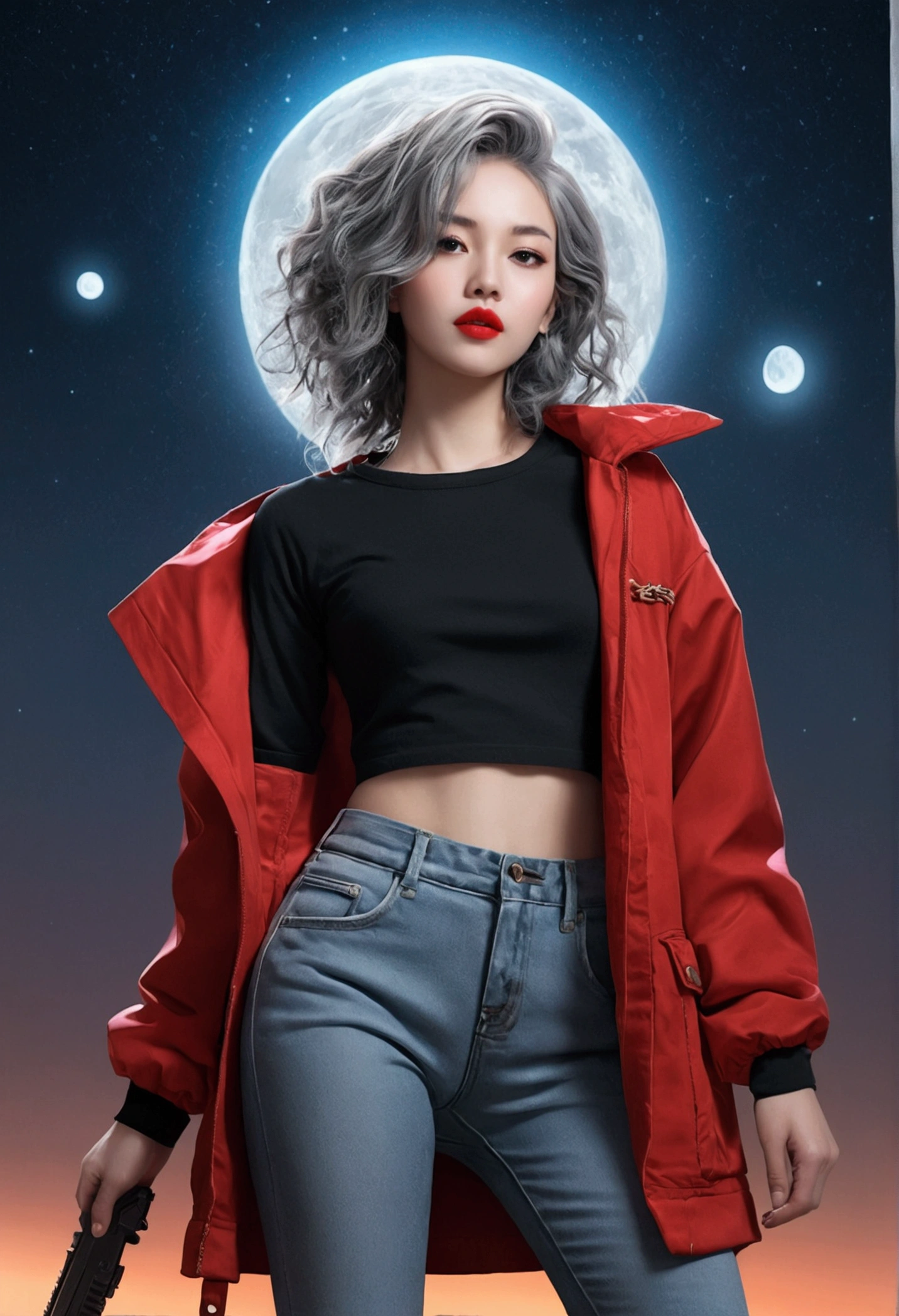(Sci-Fi Fantasy), (masterpiece), (Professional Oil Painting) (Highest quality), (8k resolution), (1 beautiful girl), ((Pale grey skin)), (Iron grey skin), ((Jeans Clothes)),(Red jacket)), ((Black t-shirt underneath), ((Red lipstick)), ((Black sneakers)), (Concept Art), Small box, (Long Hair), (Messy Hair), (Gray Hair), (Iron-gray hair), ((With futuristic weapons)), (ammunition), ((Moonlight at night)), (Sit down and think))(masterpiece), (highest quality), (Super detailed),(Messy Hair),(figure), (One boy,One girl), avatar, Macro Lens, (Fashionable clothes), Are standing,Fashion Model, View your viewers, ( interview), (Simple Background), Beautiful attention to detail, Exquisite beauty, floating, (High saturation), (Colorful splashes), Colorful Bubbles, (The Shining), Focus on the face,quality , Super detailed, Watch your hands )Zodiac sign - Goddess of Sagittarius , Similar to the goodness of Latin . Optimistic, fair, Funny and intelligent face . recklessness, Ruthless, impatient, Overconfident style . Dark blue eyes (Eye details) , Sparkling deep blue hair , Transparent dress , In the sea of shining stars , whole body , Nature of fire , God Clone(masterpiece, Highest quality, Highest quality,Official Art, beautifully、Super Gold Hairstyle、aesthetic:1.2),(One girl:1.3), One girl BREAK stained glass art, Colored Glass, Lead wire, Light transmission BREAK Vivid colors, Intricate Design, Glowing effect, Spiritual atmosphere、Background abstract korea strip dancer,vagina mouse big pussy