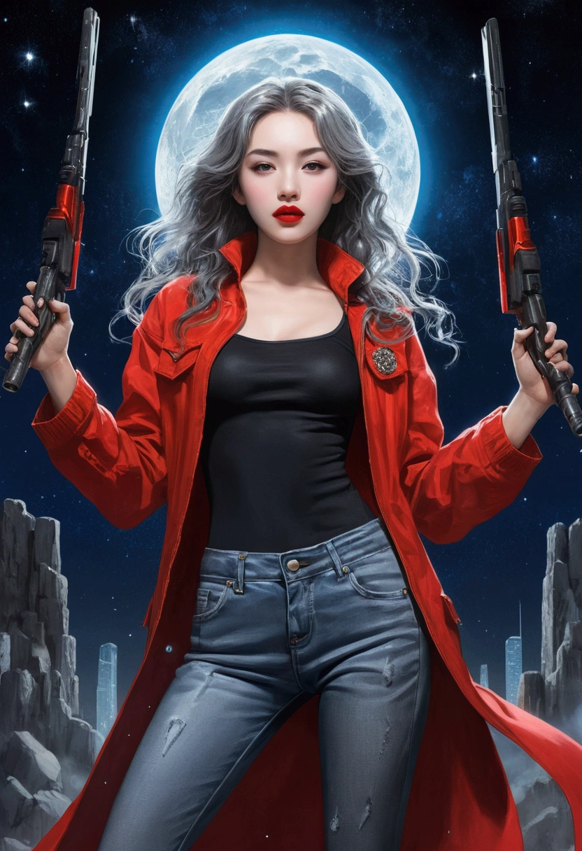 (Sci-Fi Fantasy), (masterpiece), (Professional Oil Painting) (Highest quality), (8k resolution), (1 beautiful girl), ((Pale grey skin)), (Iron grey skin), ((Jeans Clothes)),(Red jacket)), ((Black t-shirt underneath), ((Red lipstick)), ((Black sneakers)), (Concept Art), Small box, (Long Hair), (Messy Hair), (Gray Hair), (Iron-gray hair), ((With futuristic weapons)), (ammunition), ((Moonlight at night)), (Sit down and think))(masterpiece), (highest quality), (Super detailed),(Messy Hair),(figure), (One boy,One girl), avatar, Macro Lens, (Fashionable clothes), Are standing,Fashion Model, View your viewers, ( interview), (Simple Background), Beautiful attention to detail, Exquisite beauty, floating, (High saturation), (Colorful splashes), Colorful Bubbles, (The Shining), Focus on the face,quality , Super detailed, Watch your hands )Zodiac sign - Goddess of Sagittarius , Similar to the goodness of Latin . Optimistic, fair, Funny and intelligent face . recklessness, Ruthless, impatient, Overconfident style . Dark blue eyes (Eye details) , Sparkling deep blue hair , Transparent dress , In the sea of shining stars , whole body , Nature of fire , God Clone(masterpiece, Highest quality, Highest quality,Official Art, beautifully、Super Gold Hairstyle、aesthetic:1.2),(One girl:1.3), One girl BREAK stained glass art, Colored Glass, Lead wire, Light transmission BREAK Vivid colors, Intricate Design, Glowing effect, Spiritual atmosphere、Background abstract korea strip dancer,vagina mouse big pussy
