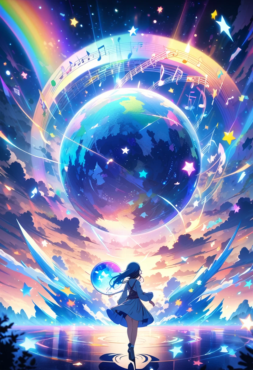 Anime style, ultra-detailed, 8K CG, blue-haired girl, smile, blue world, mysterious blue objects floating, star, musical note, rainbow
