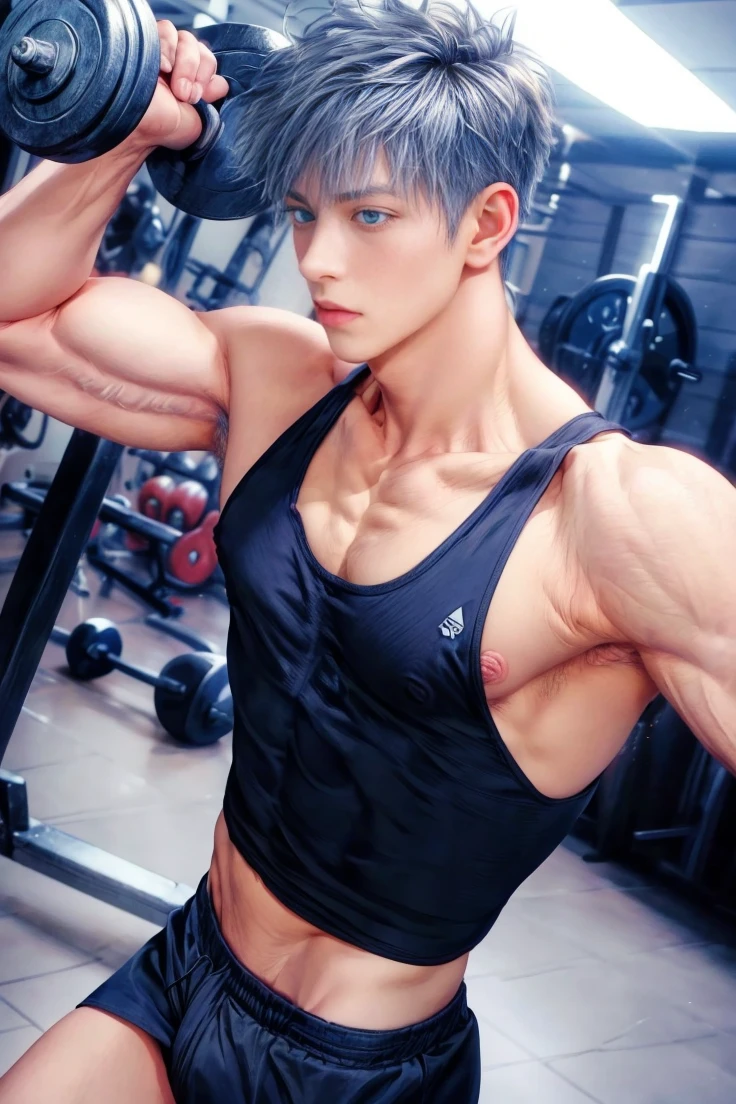 1boy, adult, handsome, perfect face, detailed eyes and face, clean shaved, muscular, capturing a rural atmosphere, dynamic lighting, unreal engine 5, hd picture, satoru gojo, white hair, short hair ,hair between eyes ,blue eyes, white skin, pink nipple, milk nipple details, gym background, Right hand hold the barbell