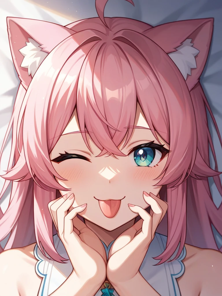 Adult, Female, long pink hair, winking, smiling, tongue out, vtuber, otaku bedroom, Masterpiece, Accurate, Anatomically Correct, Best Quality, High Details, Detail, Super Detailed, Best detail, Perfect detail, Amazing detail, [-3, 3], perfect hands, best hands, best fingers, perfect fingers, perfect body, best body, amazing body, Looking at viewer, front facing, upper body shot, Cat Ears, Close-Up, 