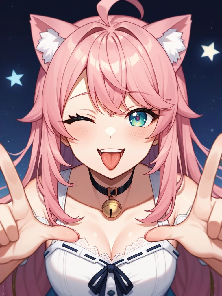 Adult, Female, long pink hair, winking, smiling, tongue out, vtuber, otaku bedroom, Masterpiece, Accurate, Anatomically Correct, Best Quality, High Details, Detail, Super Detailed, Best detail, Perfect detail, Amazing detail, [-3, 3], perfect hands, best hands, best fingers, perfect fingers, perfect body, best body, amazing body, Looking at viewer, front facing, upper body shot, Cat Ears, Close-Up, 