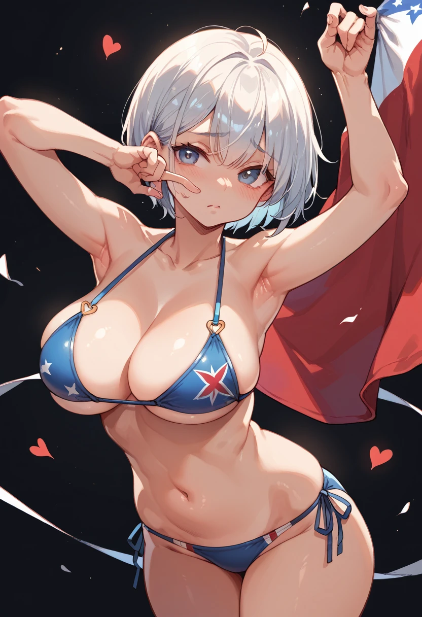 1 girl, bikini, big breasts, shy look, the flag, super short hair, Whole body, dark background, posing provocatively, making korean heart gesture