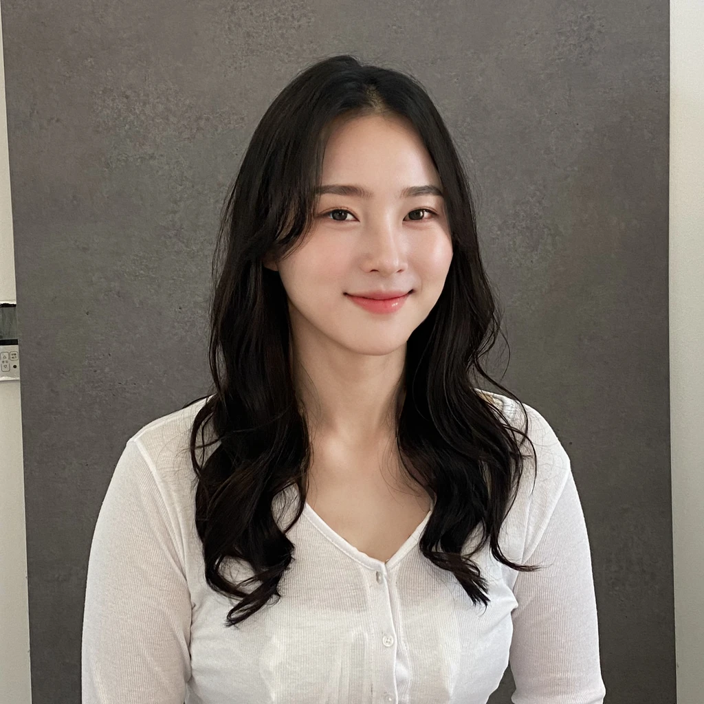 Best Quality, 8k, Masterpiece, (Portrait: 1.3), (photo realistic:1.4), (hyper realistic:1.4), Sharp Focus, looking at viewer, (smoother lighting:1.1), (increase cinematic lighting quality:0.9), realistic lighting, backlighting, light on face, ray trace, (brightening light:1.2), (Increase quality:1.4), sharp detail, (best quality real texture skin:1.4), finely detailed eyes, black_eyes, finely detailed face, 25 year old Korean woman,smiling_face