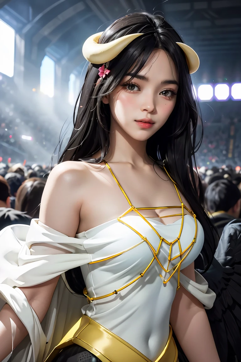 Masterpiece, Best quality, Ultra-detailed, illustration, epic lighting, Cinematic composition, isometry,(hexagons:1.2), 1girll, Horns, Solo, Yellow eyes, Black hair, Long hair, (Low wing:1.2), Large cleavage, Bare shoulders, hair between eye, Medium breasts, (White dress:1.1), Golden decoration, Detached collar, view the viewer, Semi-closed Eyes, (view the viewer:1.1), parted lip, Blush, Black feathers fall, Arena, particle fx, (8K:1.1)