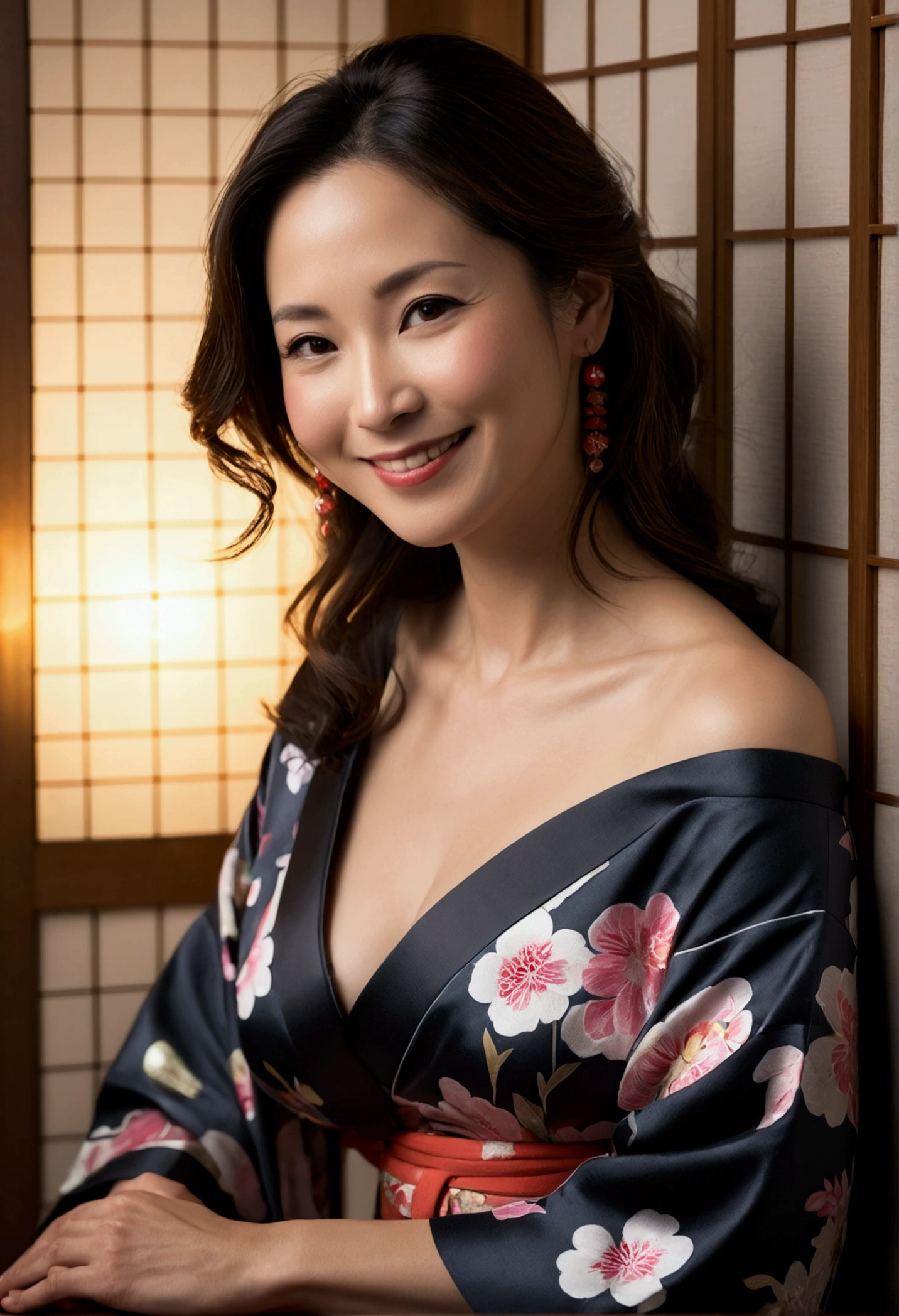 ((night, Real Light, Highest quality, 8k, masterpiece: 1.3)), 45-year-old woman, Beautiful woman, Slim figure: 1.4, (Dark brown hair), (Off the shoulder), (kimono)), ((Cleavage)), ((美しいkimono)), (night), Highly detailed face and skin texture, (Sitting), (((smile))),(((Leaning forward))