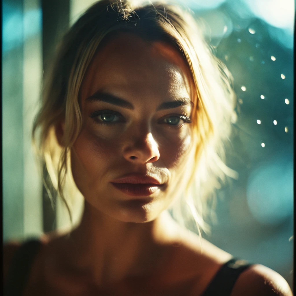 portrait of Margot Robbie  film, bokeh, professional, blur, lomo