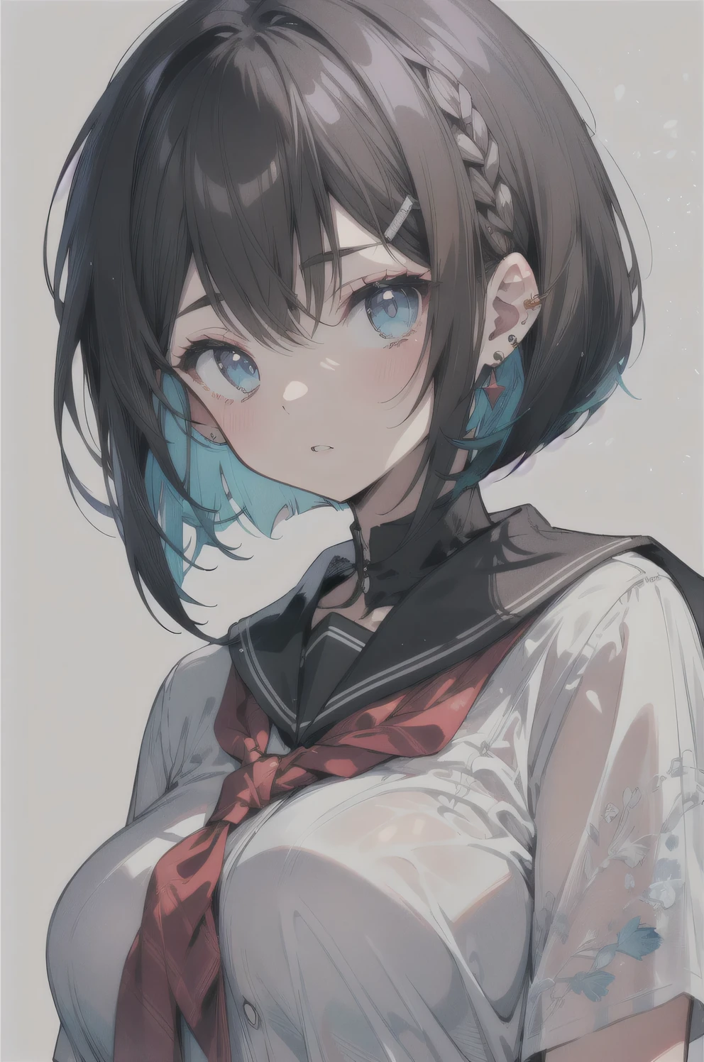 (best quality), (Super detailed), (Best Illustration), (masterpiece), score_9, score_8_up, score_7_up, (4k), (1woman), (white serafuku), (large breasts), {brown hair, (sideburns), (bob cut:1.3), curly hair, hairs between eyes, colored inner hair}, blue eyes, parted lips, expressionless, blush, earring,