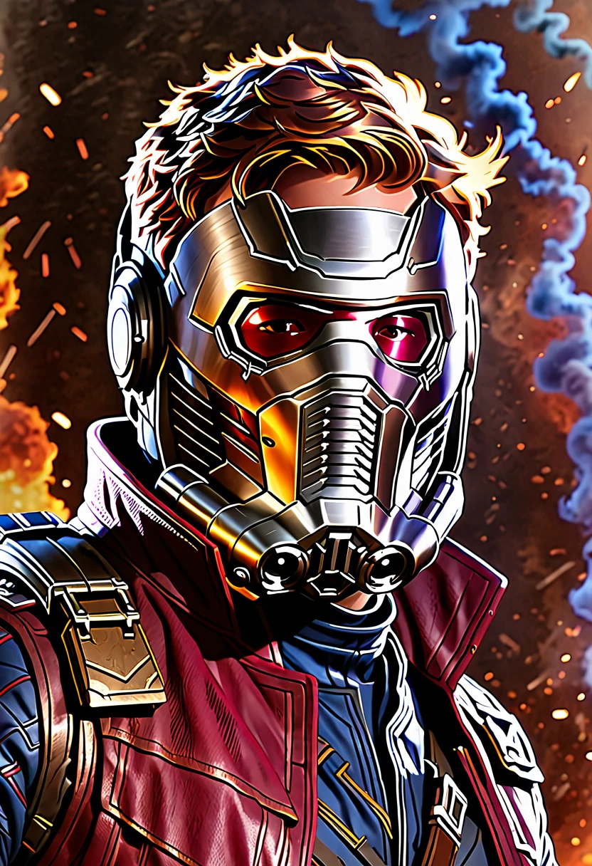 Marvel - Star Lord, close-up photo, background of brilliant smoke and fire, Great war to save the world