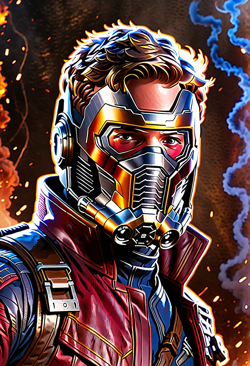 Marvel - Star Lord, close-up photo, background of brilliant smoke and fire, Great war to save the world