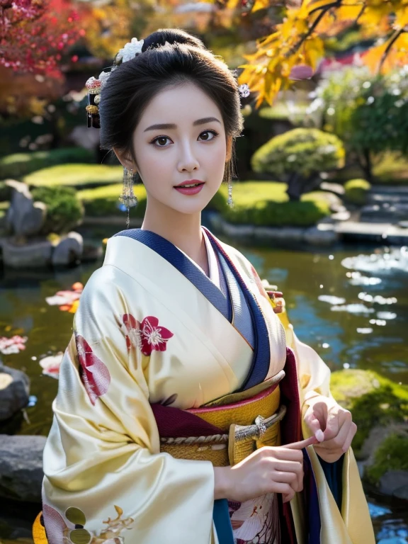 (Highest quality、 8k 、masterpiece、High resolution)、 Japanese painting、Vibrant colors、A woman wearing a kimono、Ample breasts、(Highly detailed face and eyes,Beautiful Face,Beautiful Eyes,Beautiful nose,Pretty lips)、Dynamic painting technique、Japanese garden、Autumn scenery、autumn leaves、Starry Sky、Lantern、Detailed Description、