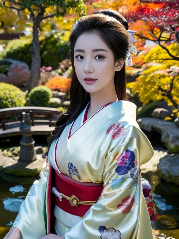 (Highest quality、 8k 、masterpiece、High resolution)、 Japanese painting、Vibrant colors、A woman wearing a kimono、Ample breasts、(Highly detailed face and eyes,Beautiful Face,Beautiful Eyes,Beautiful nose,Pretty lips)、Dynamic painting technique、Japanese garden、Autumn scenery、autumn leaves、Starry Sky、Lantern、Detailed Description、