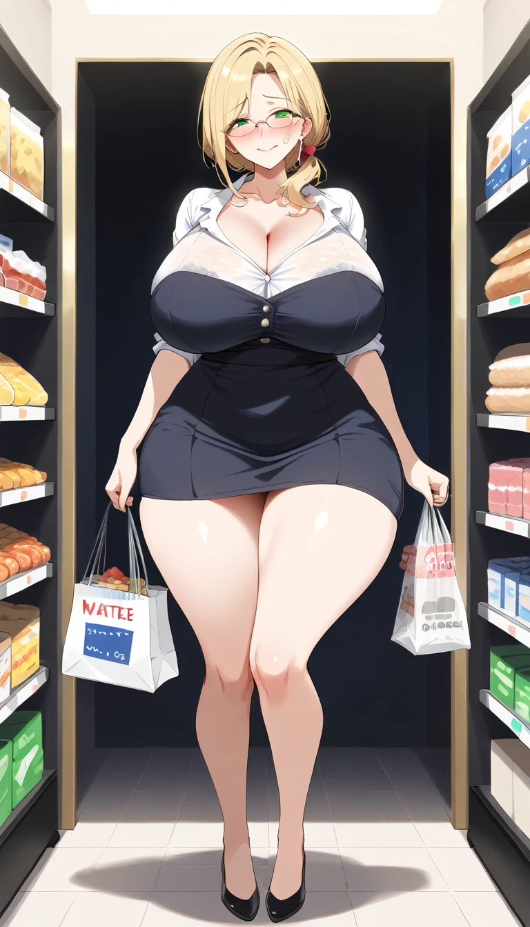 (Best quality: 1.5), (masterpiece: 1.5), (2.5D), (good definition), (detailed face), (well-drawn face), (vivid colors), (1 character), (exaggerated proportions), (hentai), (perfect anatomy), (character in the center), (absurd), (4k wallpaper), (detailed eyes), (perfect hands), (perfect fingers), (beautiful skin), (glowing skin) ), (perfect shadows), (perfect lighting), (full body), (beautiful eyes), (masterpiece), (voluptuous body), (pretty face), adult woman, seductive MILF, Mature MILF Face, mature woman, blonde hair with a low and slightly disheveled ponytail, green eyes, wears glasses, wears a knitted midi dress, embarrassed and nervous expression, carries a shopping bag, huge breasts, huge thighs, huge butt, voluptuous body, good proportions, he inside a rhodium-plated train of many men with censored and pixelated faces
