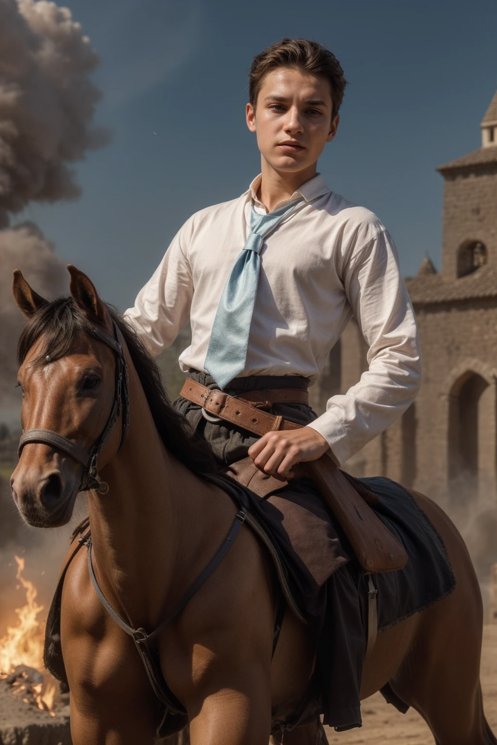 A cute young male twink, 18 years old, with makeup and black hair, wearing a medieval shirt with ties, a v-neck, and long sleeves, the color aquamarine, and white medieval pants. He is on the battlefield, riding on a horse, as if the horse is galloping.  He carries his sword and shield in his hand, and behind him is a huge castle, from which a burning fire emerges, and he looks angrily