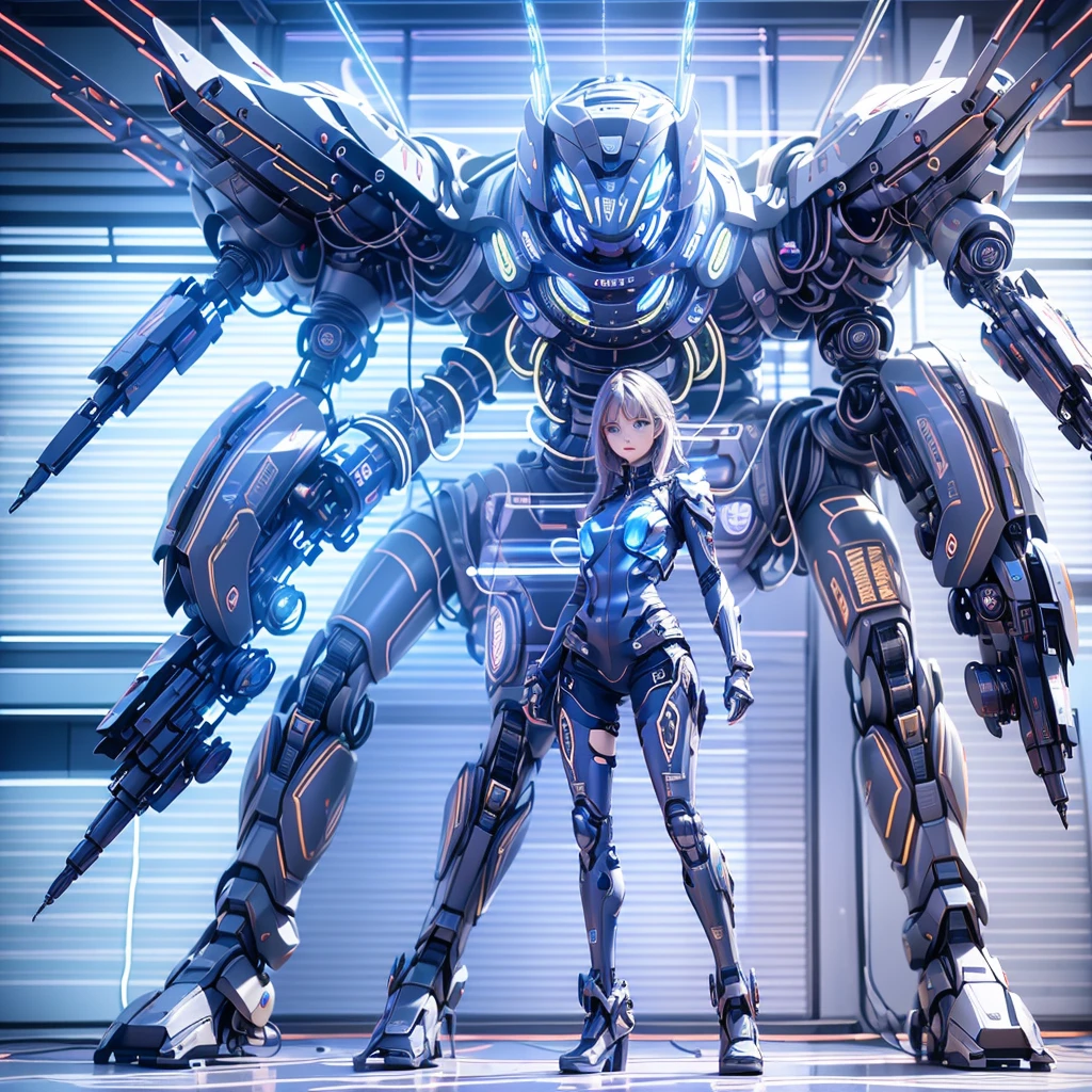 masterpiece, best quality, ultra-detailed), Liberty Guardian-X1 mecha, 9 meters tall, 28 tons, hybrid propulsion system (electric and plasma-based), high-strength titanium alloys and nanocomposite armor, break robust and imposing form, with elegant, aerodynamic curves and angular armor plating, patriotic paint job in red, white, and blue with a glossy finish and fluorescent highlights, break dual plasma cannons mounted on forearms, shoulder-mounted missile launchers with smart targeting and variable munitions, retractable energy katana integrated into the right arm, break dual compact fusion reactors powering both propulsion and weapon systems, adaptive energy shields responding to threats, advanced sensor arrays including radar, infrared, LIDAR, and EM sensors, break Liberty AI System V2.5 for tactical support and autonomous operations, ergonomic pilot seat with full-motion support and damping systems, break holographic HUDs and tactile controls, neural interfaces for direct control and feedback, multiple safety systems including emergency ejection and self-sealing armor capsule, break highly articulated joints with hydraulic reinforcement systems, multiple maneuvering thrusters for quick direction changes and high agility, high ground mobility with adaptive foot structures and retractable wheels, break imposing and powerful, futuristic military design, cinematic lighting, industrial setting, cutting-edge technology, intricate details