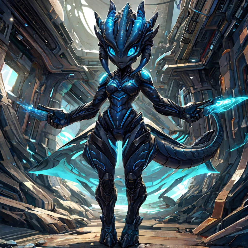 anthropomorphic dragon,alien,Blue eyes,black skin, legs:Digitation,alien body shape, 1 girl, full length, sexly
