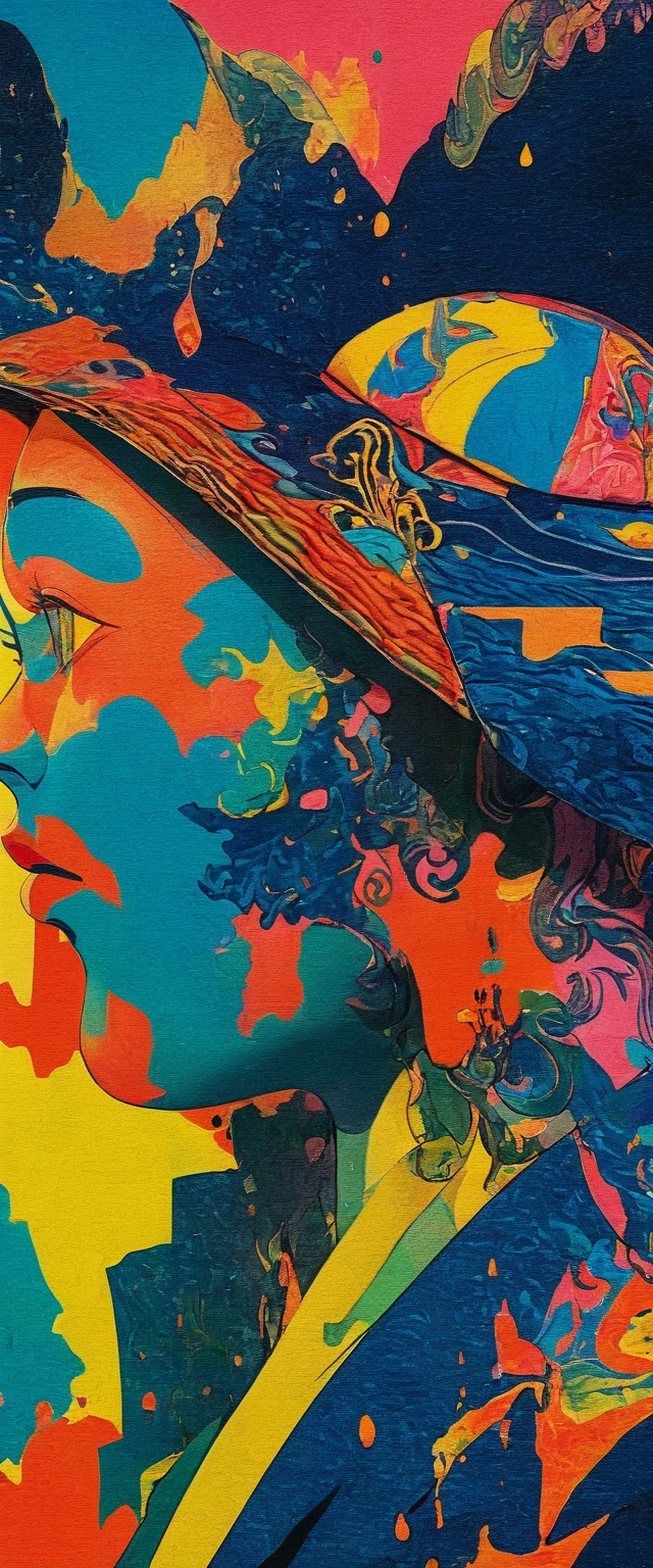 Psychedelic风格男, (Model pose, epic:1.0) . Vibrant colors, Rotate the pattern, Abstract Form, Surrealism, Psychedelic