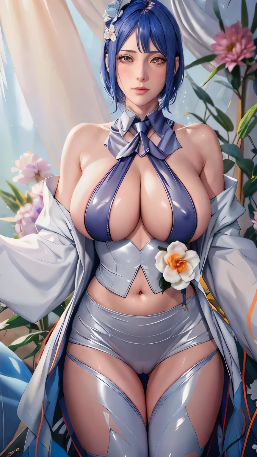 （（（sexy ol suit，necktie，skirt，underboob，（（（danya，konan \(naruto\),konan, blue hair, Orange pupils, short hair, hair ornament, flower, hair flower, ））），（（（wide hips））），S-shaped body:1.7））），((masterpiece)),high resolution, ((Best quality at best))，masterpiece，quality，Best quality，（（（ Exquisite facial features，looking at the audience,There is light in the eyes，shy，blush，pain，endure ））），（（（Light and shadow interlace，cleavage））），（（（looking into camera，open hands，Paper flies out，White paper plane flies out）））