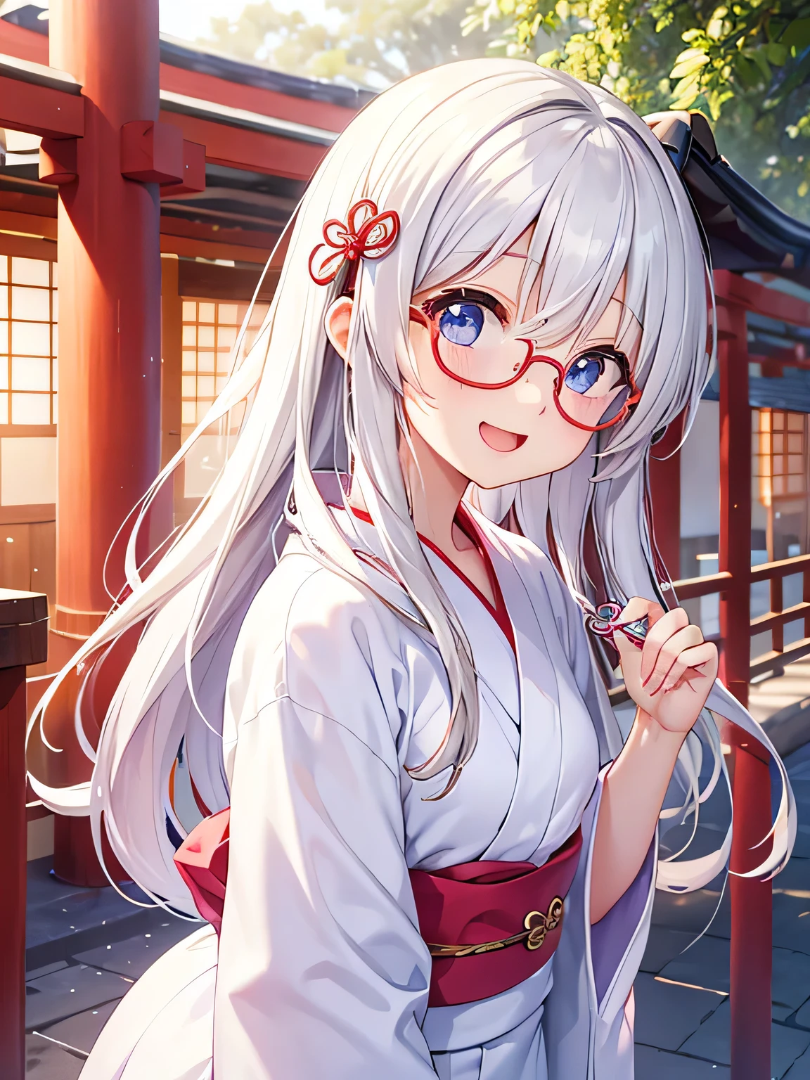 cute、White of the eyes Hair、Long Hair、Japanese、Staring at this、Fleeting、masterpiece、Vivid、yukata、Laughter、kind、turn around,summer,Round Lens Glasses