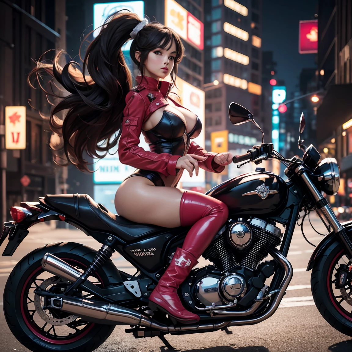 Beautiful and sexy woman in black leather full body suit, a woman riding a large motorcycle, long brown curly hair, hair blowing in the wind, red lipstick, Fujiko Mine from the anime Lupin III, Fujiko Mine, slender figure and beautiful bell-shaped breasts, high heeled black boots, Gotham City at night,