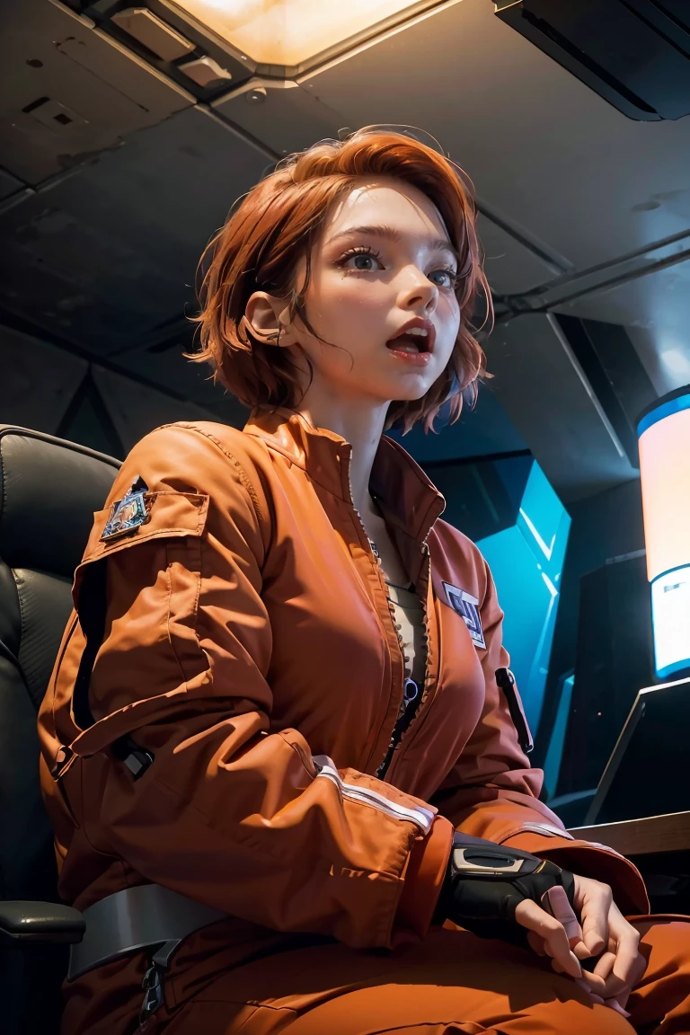 Absurd resolution, high resolution, (masterpiece: 1.4), hyper-detail, ung woman, short red hair, pilot suit, rich princess, sitting in an extremely narrow closed mecha control room, expression scared crying open mouth call (1.3), in the sky