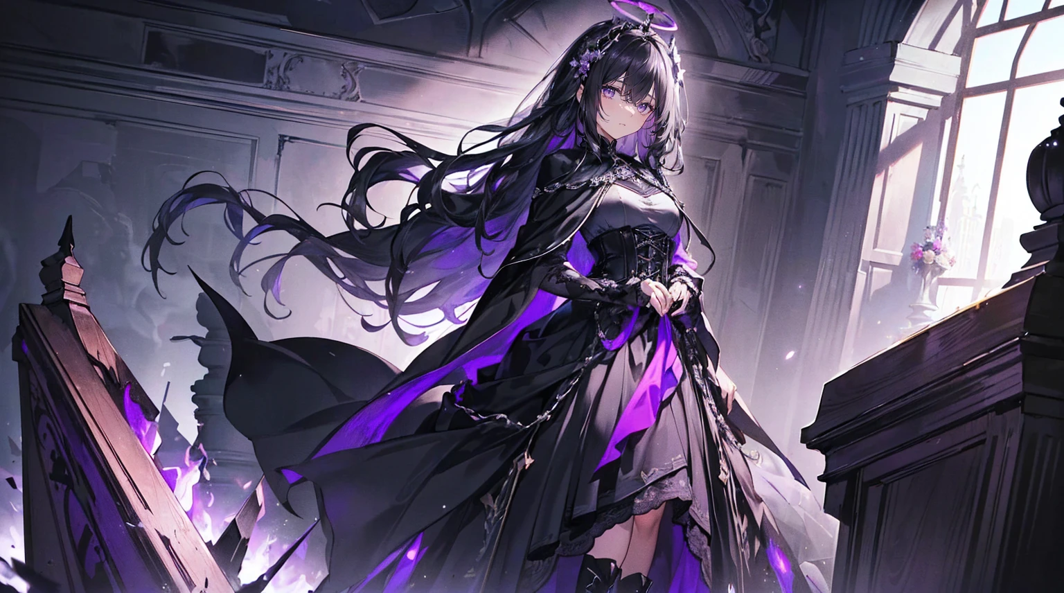 (Super detailed)),((illustration)),((masterpiece)),(((need))),((fine、Highest quality CG Unity 8K wallpapers,masterpiece),((4K,masterpiece,best quality)),Black hair queen,Waist-length hair,Royal sister,Sexy,Tall figure,Lilac eyes,Standing upright in a coffin,mummy,The whole body is wrapped in bandages,Limbs wrapped in bandages,There is a coffin beside him,Mature,Hair Bunch,Hair tied on both sides,Black and purple French vintage clothing,Gorgeous pure black cape,Black veil,Purple-white halo,Black purple boots,Wearing a crown on the head,Holding a knight's sword,pyramid,Emitting dim purple light,Brilliant palace,Mysterious symbols,individual,Emit a dim light,Full body picture