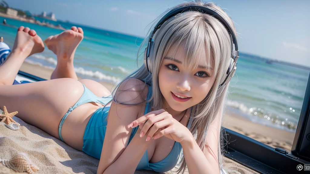 (ultra - detailed, 16K resolution, Cinema lenses, rendering by octane), (high resolution:1.18), intricate detail, (masterpiece:1.1), (highest quality:1.1), (1girl, portrait, white hair, blue eyes, short hair, detailed eyes),Wearing silver DJ headphones, sequined T-shirt, (in the beach:1.5), (Iconic hip-hop pop costumes:1.3), Smile while DJing on stage, DJ studio next to the beach, ((A stylish DJ stage on a hill overlooking the beach)), full body shot, Photorealistic photography by Sunshine, (cute round face:1.3), perfect fingers, five fingers, beautiful hands, perfect hands. master peace, cute smile, Fixhand.