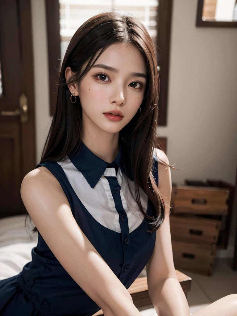 absurdres, RAW photo, extremely delicate and beautiful, masterpiece, Best Quality, ultra high resolution, 32k, hyperrealistic, ultra-detailed, perfect anatomy, anatomically correct, perfect figure, Perfect Style, Perfect balance, super Detailed skin, in her 30s, very Slim body, narrow waist, very small head, very small face, delicate facial features, handsome detailed woman, very detailed eyes and face, realistic face proportions, Realistic beautiful face, Realistic beautiful eyes, tearful mole, earring, very huge round tits, (full body shot:1.2), (whole legs:1.2), medium hair, dark blonde hair, asymmetrical hair, indoor, (collared navy button shirt dress:1.2), (sleeveless:1.2),