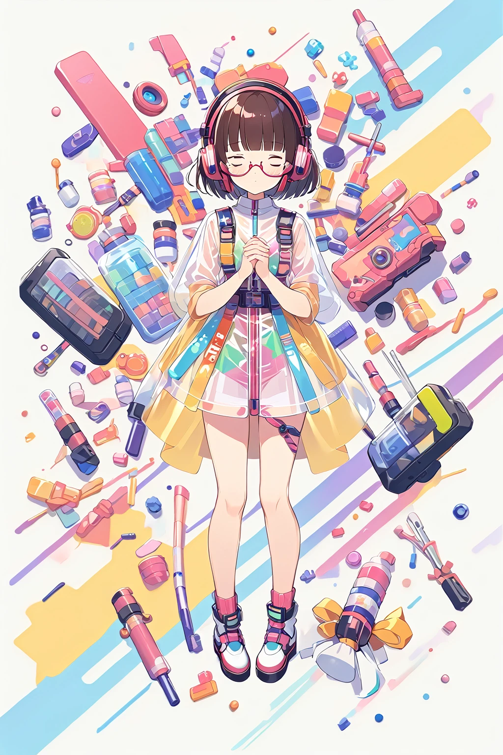 (extremely detailed fine touch:1.3), (((semi-rimless eyewear:1.3))), (headphone:1.2), short hair, blunt bangs, 1 girl, shirt, full body, own hands together, regular arrangement plastic, Transparent clothes,