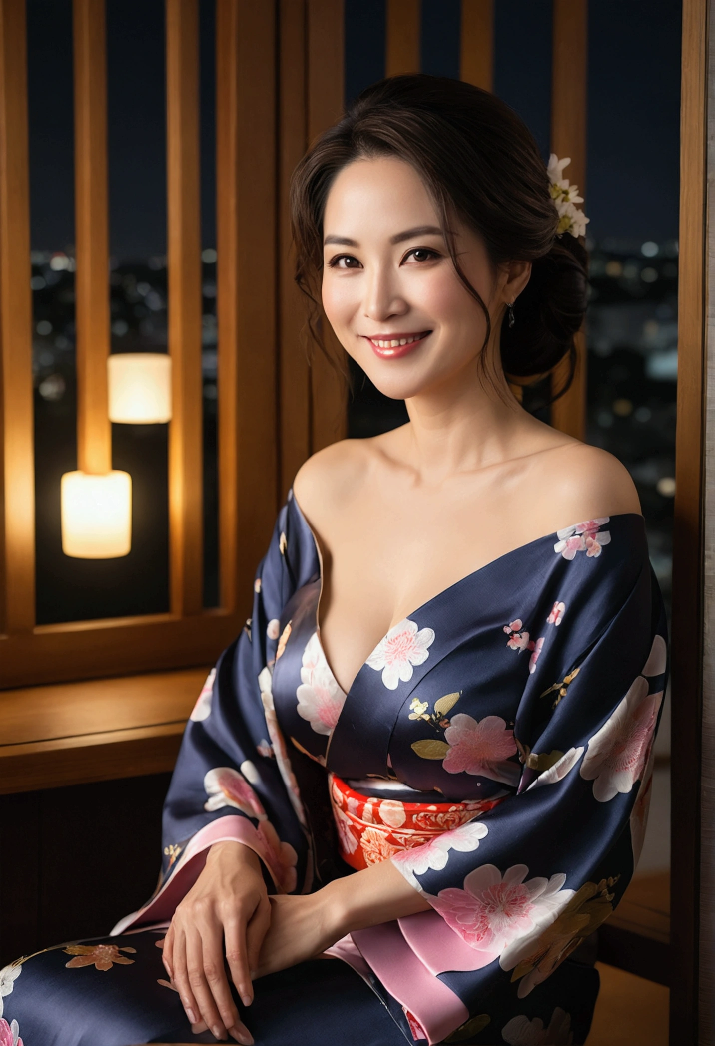 ((night, Real Light, Highest quality, 8k, masterpiece: 1.3)), 45-year-old woman, Beautiful woman, Slim figure: 1.4, (Dark brown hair), (Off the shoulder), (kimono)), ((Cleavage)), ((美しいkimono)), (night), Highly detailed face and skin texture, (Sitting), (((smile))),(((Leaning forward))