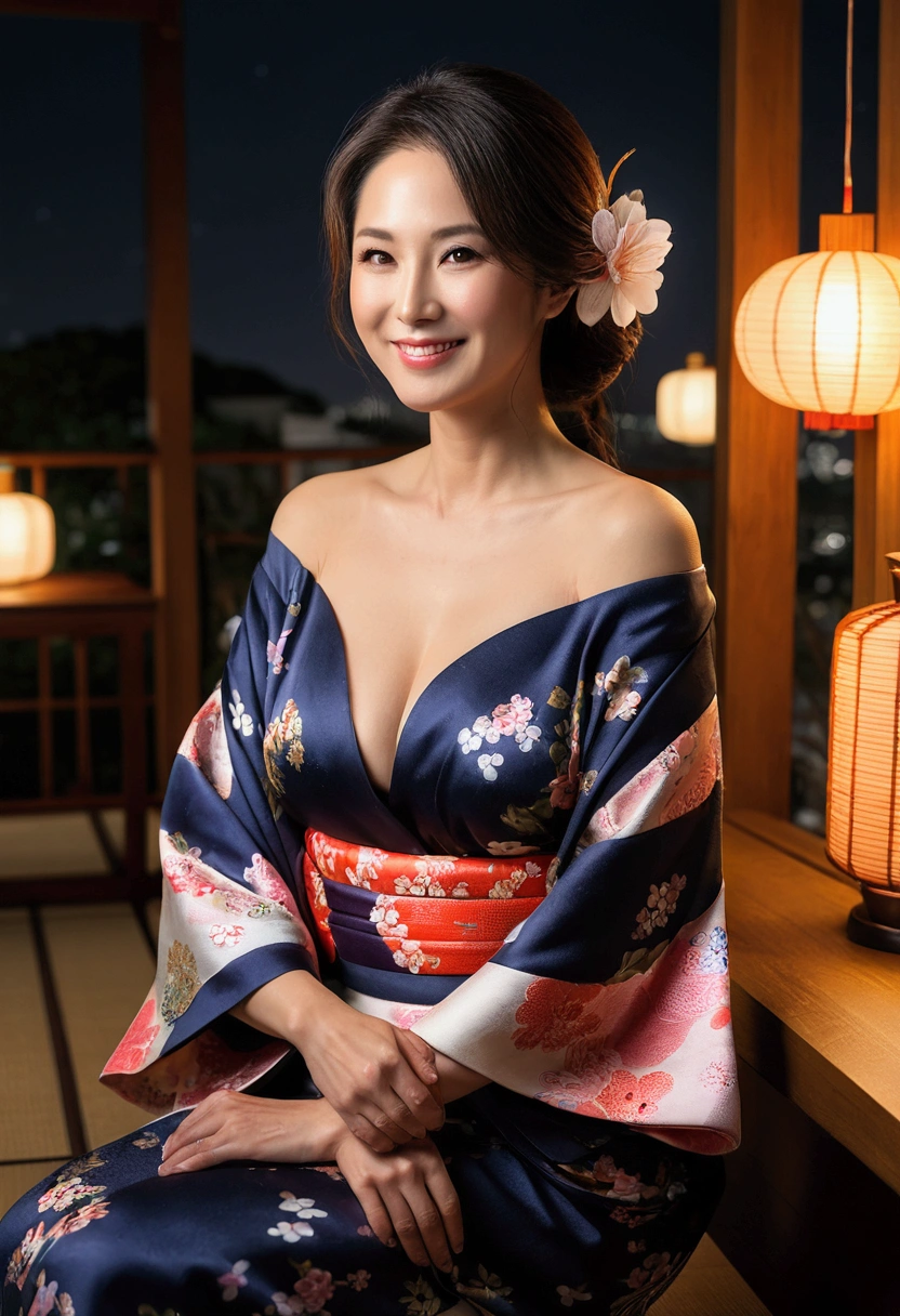 ((night, Real Light, Highest quality, 8k, masterpiece: 1.3)), 45-year-old woman, Beautiful woman, Slim figure: 1.4, (Dark brown hair), (Off the shoulder), (kimono)), ((Cleavage)), ((美しいkimono)), (night), Highly detailed face and skin texture, (Sitting),  (((smile))),(((Leaning forward))