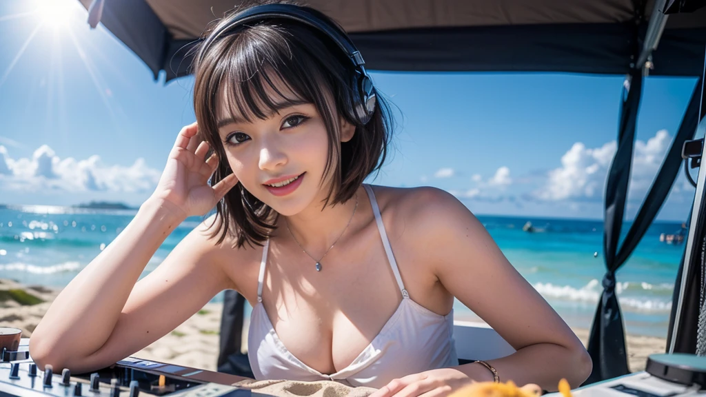 (ultra - detailed, 16K resolution, Cinema lenses, rendering by octane), (high resolution:1.18), intricate detail, (masterpiece:1.1), (highest quality:1.1), (1girl, portrait, white hair, blue eyes, short hair, detailed eyes),Wearing silver DJ headphones, sequined T-shirt, (in the beach:1.5), (Iconic hip-hop pop costumes:1.3), Smile while DJing on stage, DJ studio next to the beach, ((A stylish DJ stage on a hill overlooking the beach)), full body shot, Photorealistic photography by Sunshine, (cute round face:1.3), perfect fingers, five fingers, beautiful hands, perfect hands. master peace, cute smile, Fixhand.