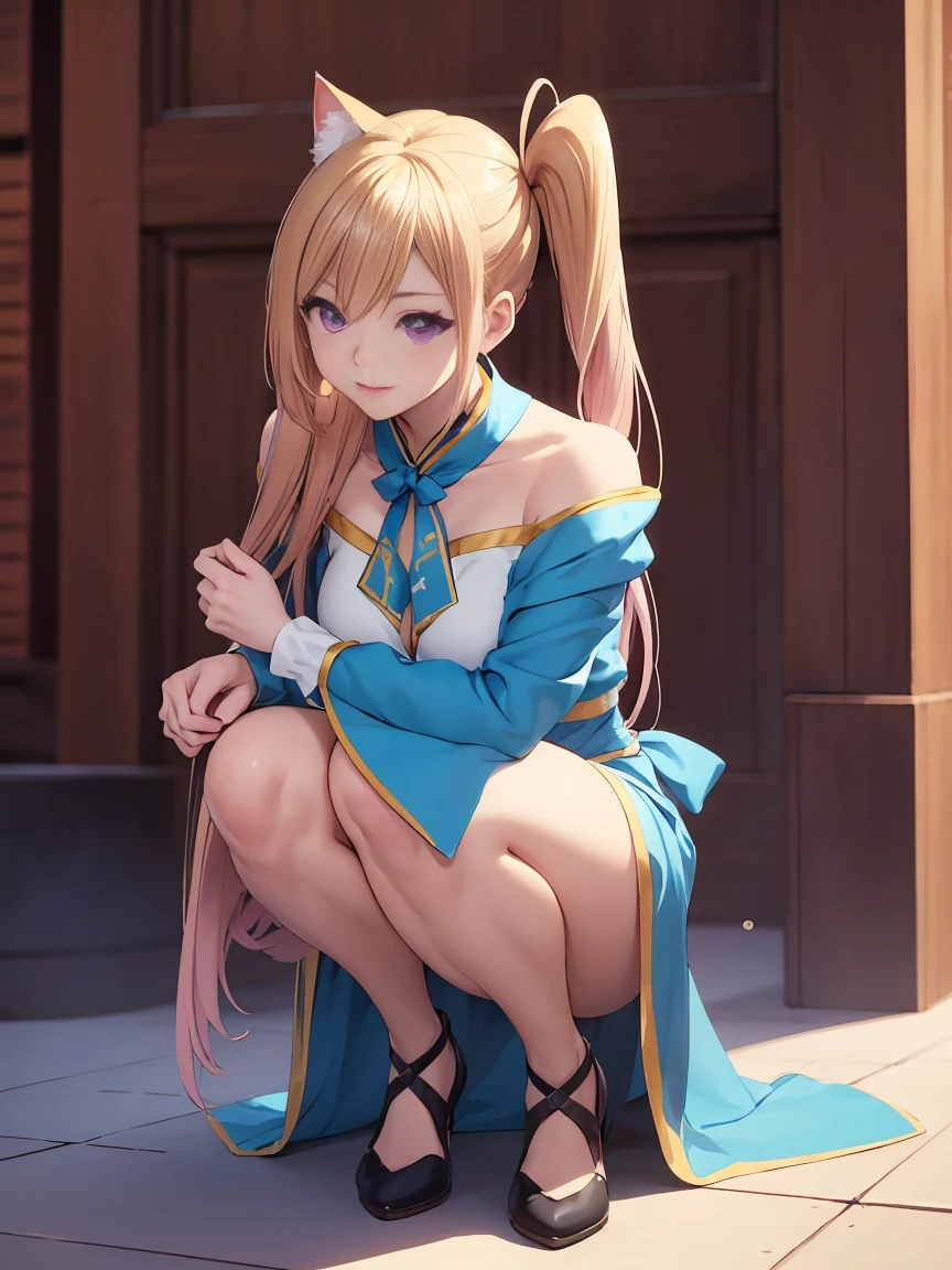 there is a woman in a blue dress and white cat ears, a portrait inspired by Leng Mei, pixiv, rococo, anime girl cosplay, anime cosplay, ahri from league of legends, ahri, cosplay, full body xianxia, cosplay photo, the anime girl is crouching, anime goddess, elegant glamourous cosplay, cosplayer, 1girl, kawakami_mai, blonde hair, long hair, side ponytail, purple eyes, 