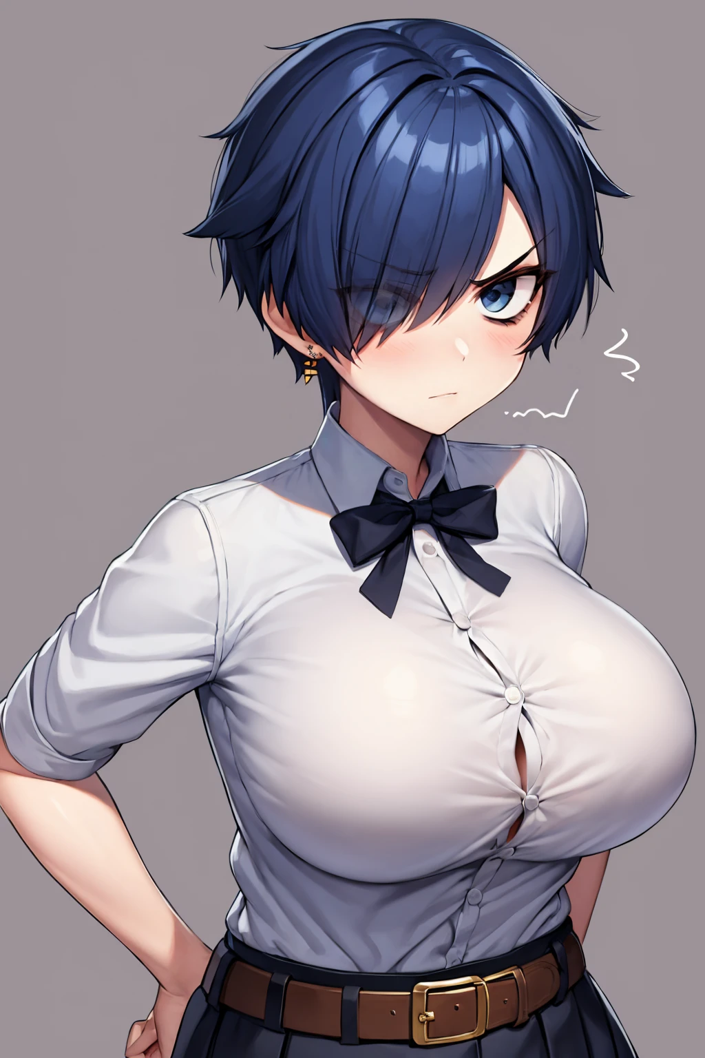 tomboy,blue-hair,short-hair,big-breast,school-uniform,tomboy,short-hair,18years-old,gang,earring,belt,super-big-breast,tsurime,half-closed-eye,black-under-eye,angry