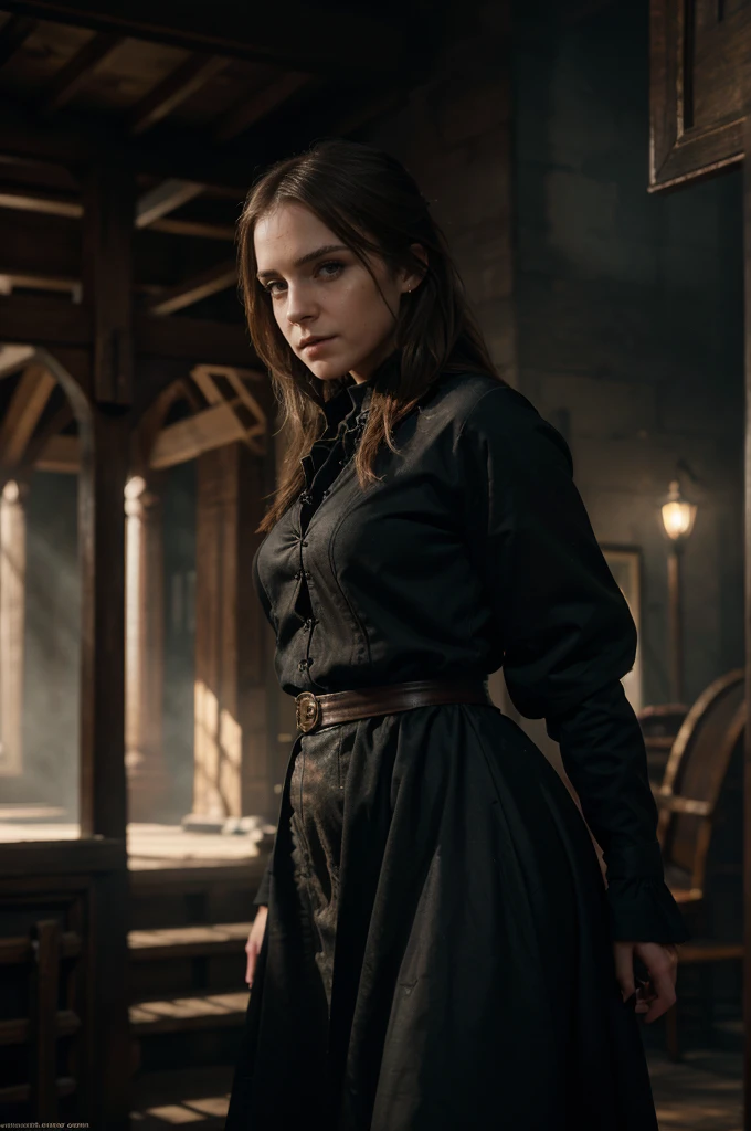 Highly detailed RAW photo of Emma Watson wearing witch dress flying on magical broom with horror background, dynamic pose, (wide hips), (detailed ), (detailed lips), (detailed eyes), (Sci-Fi setting) (detailed face), (curvy), detailed eyes, depth of field, soft lighting, masterpiece, best quality, intricate, (lens flare:0.7), (bloom:0.7), particle effects, raytracing, tone mapped, highly detailed, concept art, smooth, sharp focus, dramatic lighting, highly detailed artwork, cinematic, hyper realistic painting, trending on Artstation, 8K, incredible shadows, realistic, (highly detailed background:1.2), art by midjourney