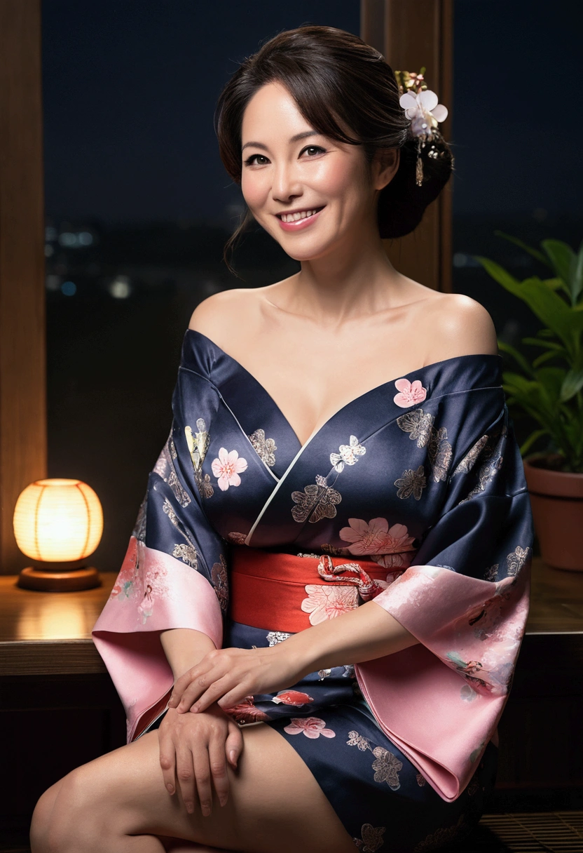 ((night, Real Light, Highest quality, 8k, masterpiece: 1.3)), 45-year-old woman, Beautiful woman, Slim figure: 1.4, (Dark brown hair), (Off the shoulder), (kimono)), ((Cleavage)), ((美しいkimono)), (night), Highly detailed face and skin texture, (Sitting),  (((smile))),(((Leaning forward))