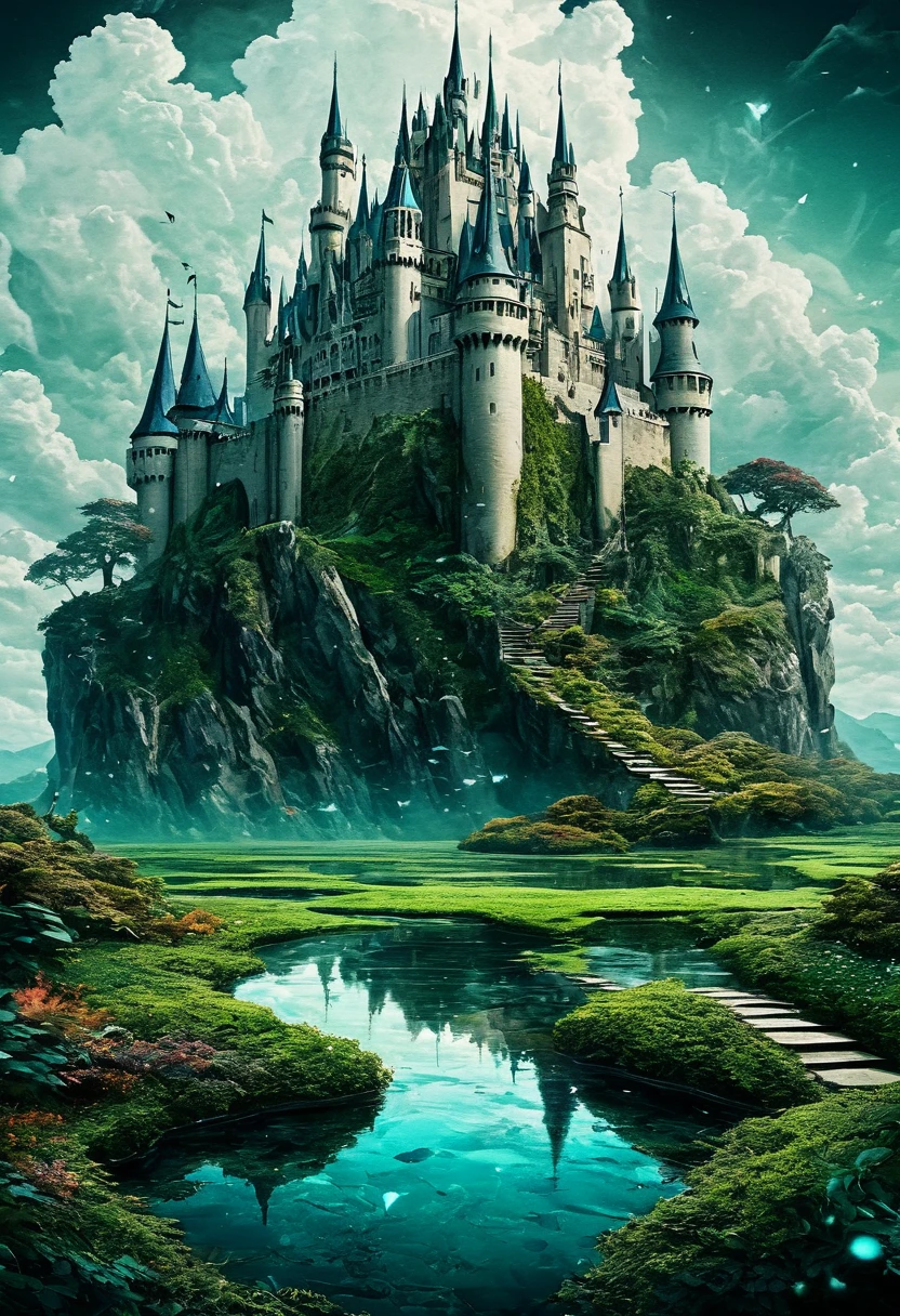 (Take me into a world different from my own, Plants flourish, animal, And magical tranquility),(Create a dreamlike and surreal castle landscape, Blending colors in unique ways,Create striking landscapes),(Merge your art with Technetic Dreams),