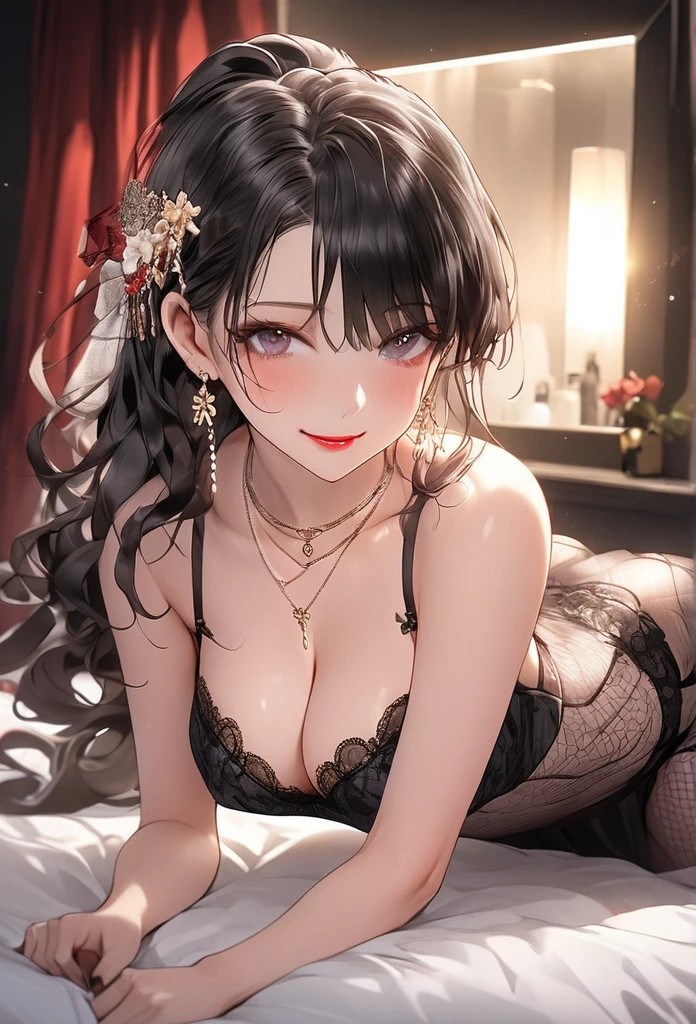 Highest quality　4K　Soapland　Edo entertainment district　She is posing sensually on the landing of the staircase in a mysterious Western-style building.　From the back　Backwards　Turn around　Full Body Shot　The whole body is visible　A sophisticated gravure idol　Young Sensual Gravure Idol　Gorgeous Japanese Model　Young Japanese　Attractive 30 year old Japanese widow　Graceful and sensual pose　Lewd face　Shy and seductive look　A look of contempt　A look of contempt　Captivating smile　Slightly parted lips　Seductive red lips　Sexy Body　Clear Eyes　Round eyes　Mole next to the lip　Beautiful and firm breasts　Beautiful E Cup Breasts　Attractive nail art　Chignon Hairstyles　Hair tied up　Medium Long Hair　Dark brownish blonde　hair ornaments　Wearing a sexy white lace dress　Sexy see-through floral white lace bra,White thong with obscene floral lace,　necklace　garter belt　Beige floral lace stockings　Earrings　Black high heels　派手なnecklace　Fine details　Beautiful anime illustrations　Beautiful Face　alone　High resolution, One Girl, Highest quality, Attention to detail,　Professional, Vibrant colors, Perfect Anatomy, ideal facial features, 理想的なProfessionalポーションの図, Perfectly beautiful body, Highly detailed skin, Glowing Skin, Glowing Skin, Cleavage　Mature hot body　Sparkle Effect, Anime Style, photograph,　Manga illustration　High quality and exquisite texture, Detailed and precise brushwork, Detailed and vivid depiction, Anatomically correct, Absurd aesthetics, Luxurious silk texture, Highest qualityの装飾, Detailed and attractive skin,