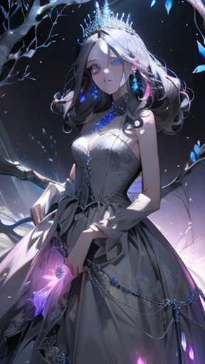 Princess is fighting, screaming, psychedelic, dark gray dress with rainbow crystals, colorful, haunting background, walking, glowing crown, dark ground, dry branches