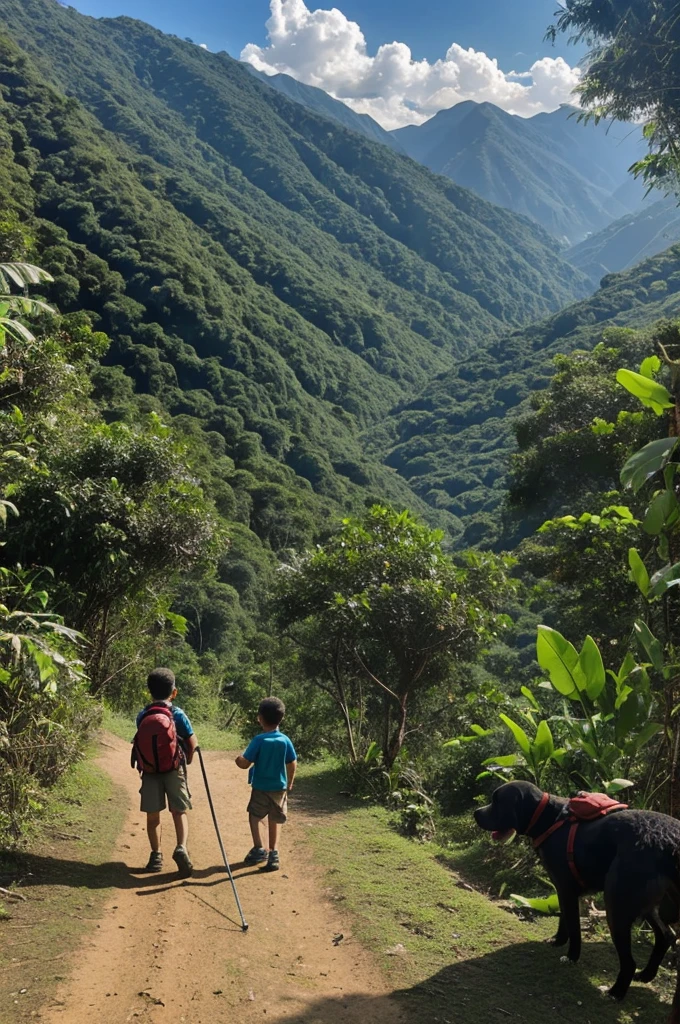 Animation of a boy and a dog in jungle After several hours of trekking, they finally arrived at the spot marked by the X on the map.