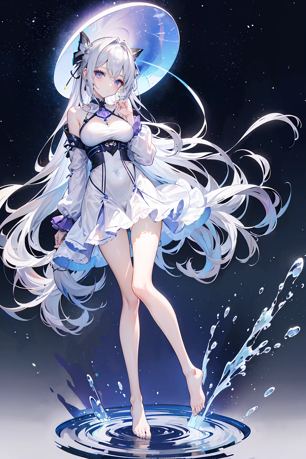 Lilac gradient hair,Asymmetrical hair,((Hair is very thick 1.8,Hair is well-defined1.6)), Hair over the shoulder, messy hair, Very long hair, shinny hair,(Long gray hair:1.2),A beautyful girl,(Luxury Platinum Mini Ultra Short Platinum ta,Made of transparent material),(Transparent clothes transparent 1.8),perfect body figure,big thin legs,slenderness,(looking sad,Haggard complexion ,grieves,close your mouth:1.2) Against the backdrop of an unusually bright dark starry sky,(Place your hands behind your back),(Round,tuba, firm breast),Barefoot,afloat,waterface,(long leges,long leges,long leges,Perfect leg shape),Full body photo。