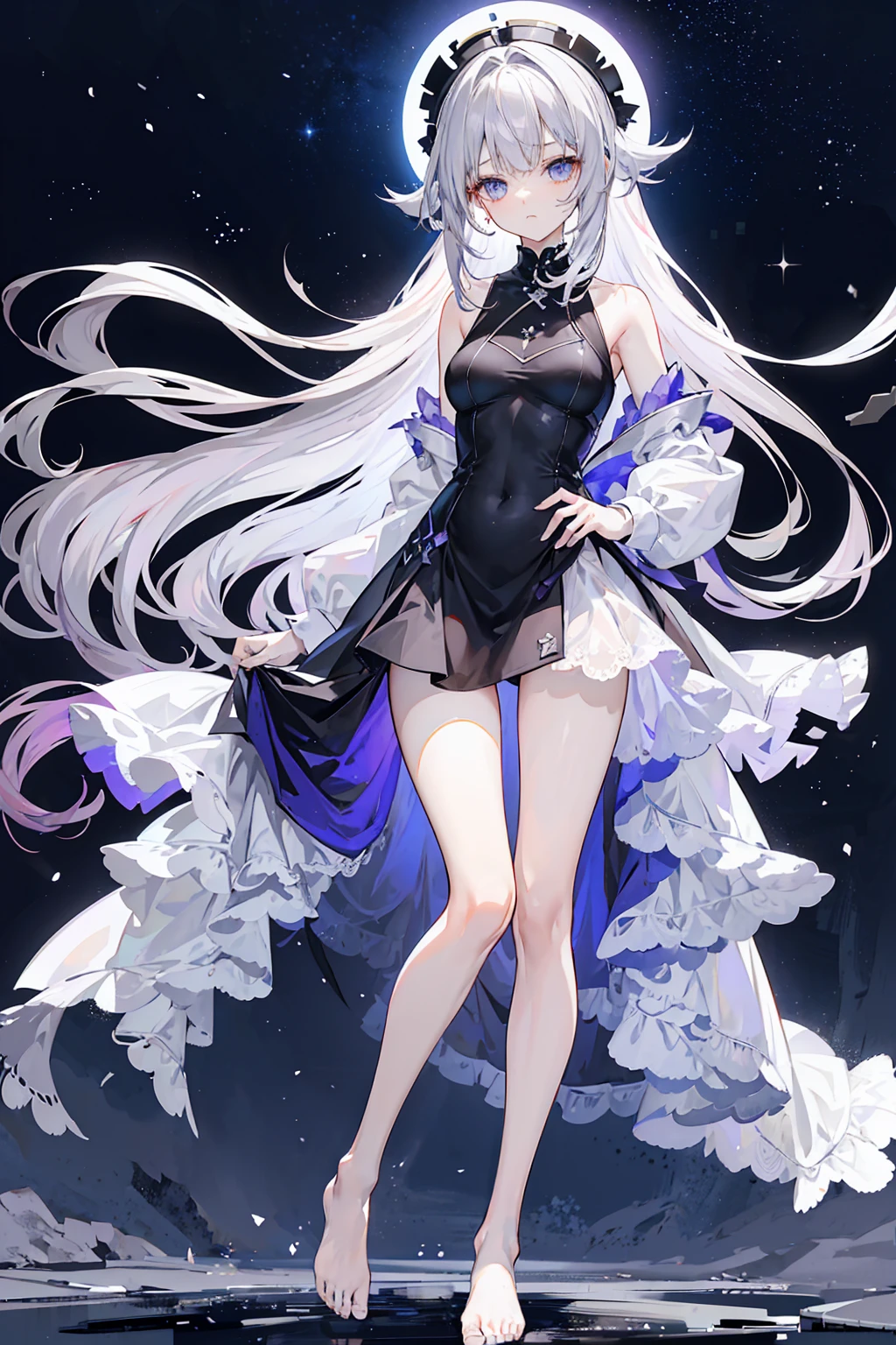 Lilac gradient hair,Asymmetrical hair,((Hair is very thick 1.8,Hair is well-defined1.6)), Hair over the shoulder, messy hair, Very long hair, shinny hair,(Long gray hair:1.2),A beautyful girl,(Luxury Platinum Mini Ultra Short Platinum ta,Made of transparent material),(Transparent clothes transparent 1.8),perfect body figure,big thin legs,slenderness,(looking sad,Haggard complexion ,grieves,close your mouth:1.2) Against the backdrop of an unusually bright dark starry sky,(Place your hands behind your back),(Round,tuba, firm breast),Barefoot,afloat,waterface,(long leges,long leges,long leges,Perfect leg shape),Full body photo。