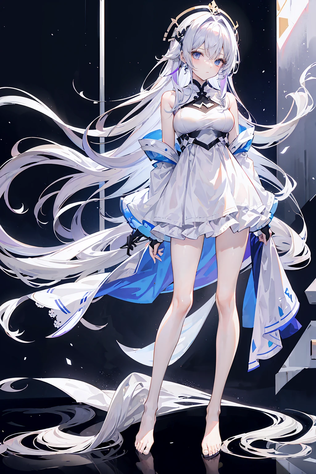 Lilac gradient hair,Asymmetrical hair,((Hair is very thick 1.8,Hair is well-defined1.6)), Hair over the shoulder, messy hair, Very long hair, shinny hair,(Long gray hair:1.2),A beautyful girl,(Luxury Platinum Mini Ultra Short Platinum Lolita,Made of transparent material),(Transparent clothes transparent 1.8),perfect body figure,big thin legs,slenderness,(looking sad,Haggard complexion ,grieves,close your mouth:1.2) Against the backdrop of an unusually bright dark starry sky,(Place your hands behind your back),(Round,tuba, firm breast),Barefoot,afloat,waterface,(long leges,long leges,long leges,Perfect leg shape),Full body photo。