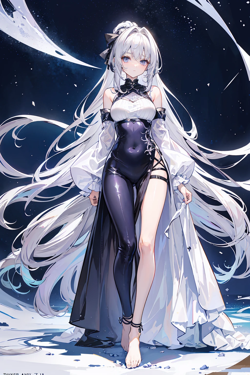 Lilac gradient hair,Asymmetrical hair,((Hair is very thick 1.8,Hair is well-defined1.6)), Hair over the shoulder, messy hair, Very long hair, shinny hair,(Long gray hair:1.2),A beautyful girl,(Luxury Platinum Mini Ultra Short Platinum Lolita,Made of transparent material),(Transparent clothes transparent 1.8),perfect body figure,big thin legs,slenderness,(looking sad,Haggard complexion ,grieves,close your mouth:1.2) Against the backdrop of an unusually bright dark starry sky,(Place your hands behind your back),(Round,tuba, firm breast),Barefoot,afloat,waterface,(long leges,long leges,long leges,Perfect leg shape),Full body photo。