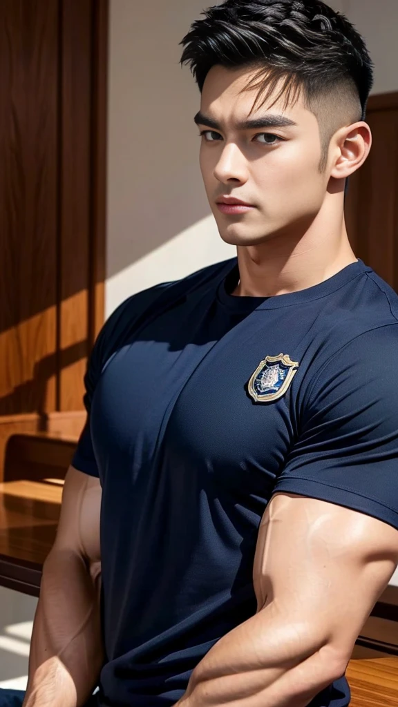 (Create a masterpiece:1.2),(CGI art:1.3),(realistic:1.5),(After processing:1.3),(Sharp focus:1.3),1 man ,(black hair) ,(Wear color navy round neck T-shirt), (with a Police badge:1.1),Navy blue jeans,Korean guy,korean men,(High gloss details),chest muscles,large arm muscles,blood vessel,Big muscles,Broad shoulders,looking at the audience,Balancing the eyes,(Lind has a dining table:1.3),